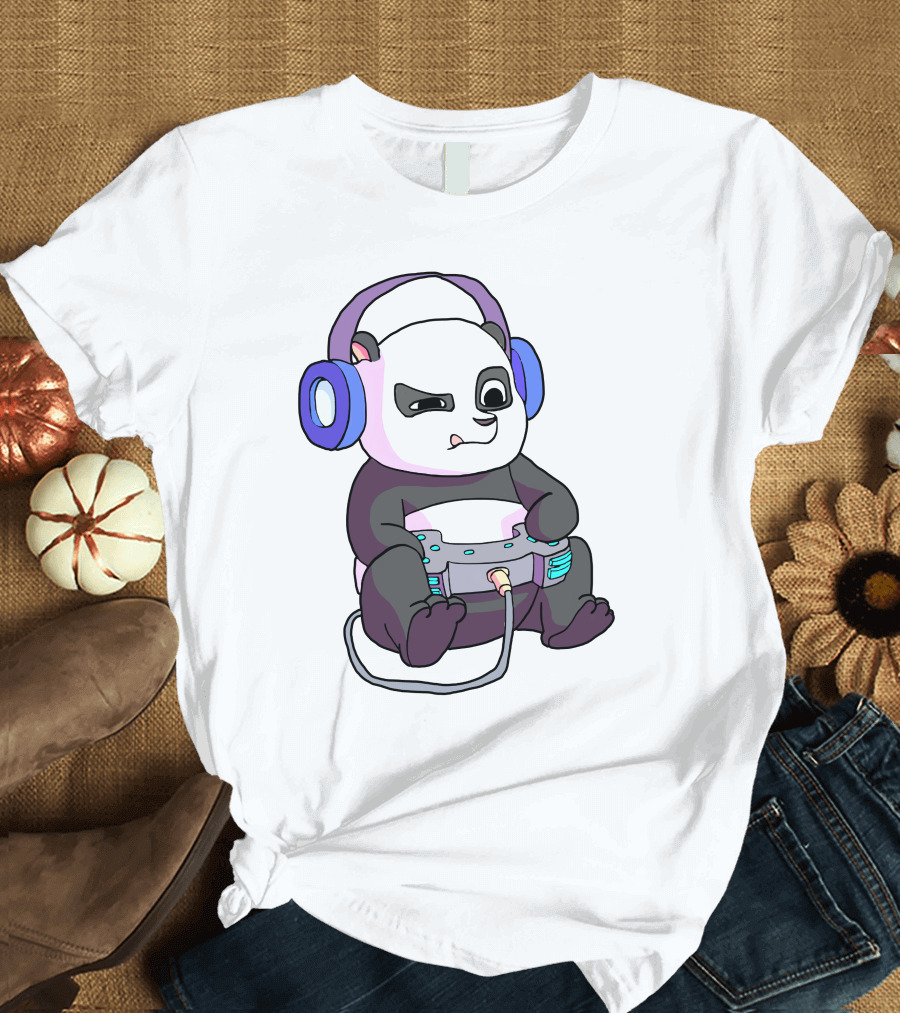 Gamer Girl Teen Panda with Headphones and Game Controller T-Shirt