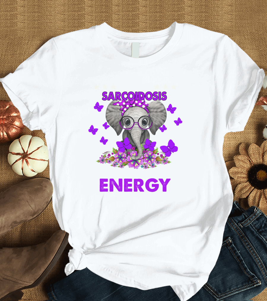 Sarcoidosis Energy Elephant with Flowers and Butterflies T-Shirt