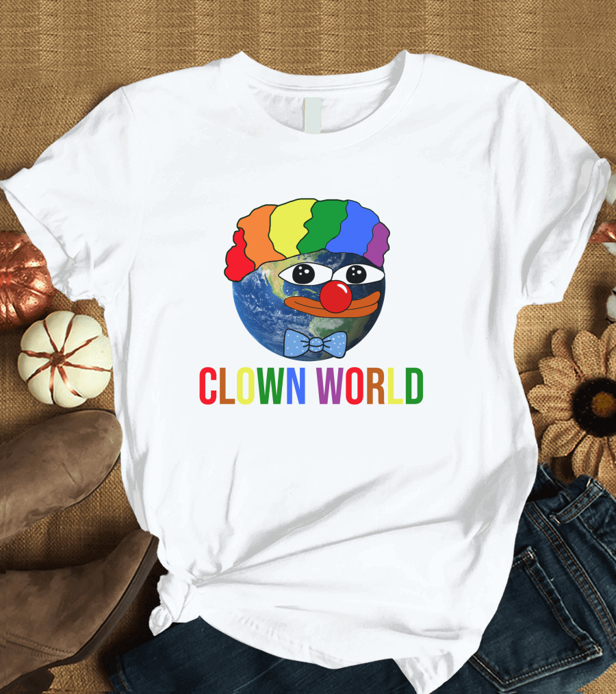 Clown World Earth with Rainbow Wig and Red Nose Bowtie T-Shirt