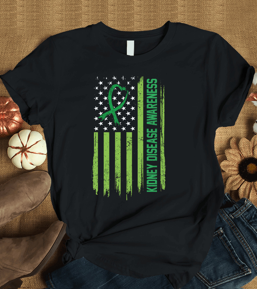 Kidney Disease Awareness American Flag Green T-Shirt