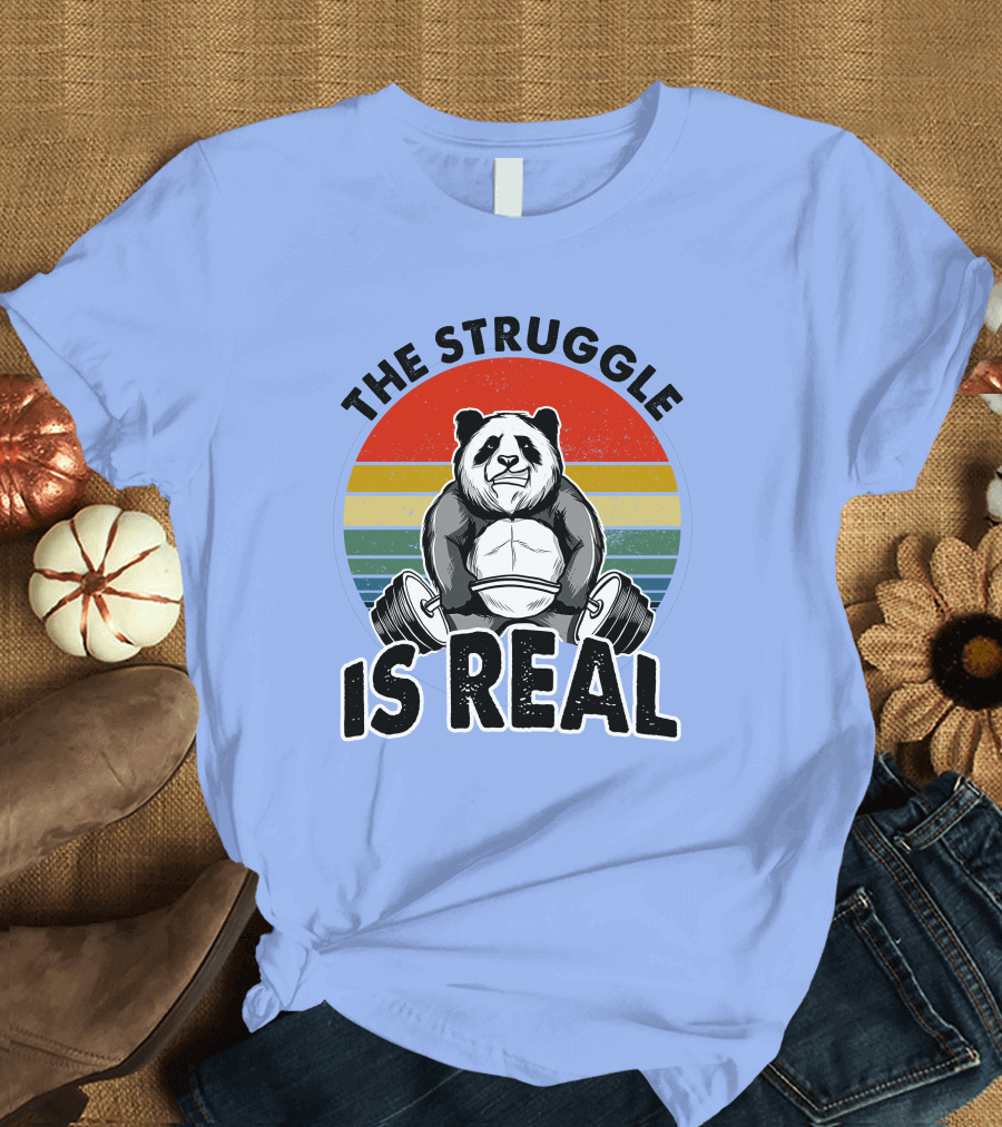 The Struggle Is Real Panda With Weights Retro Stripes T-Shirt