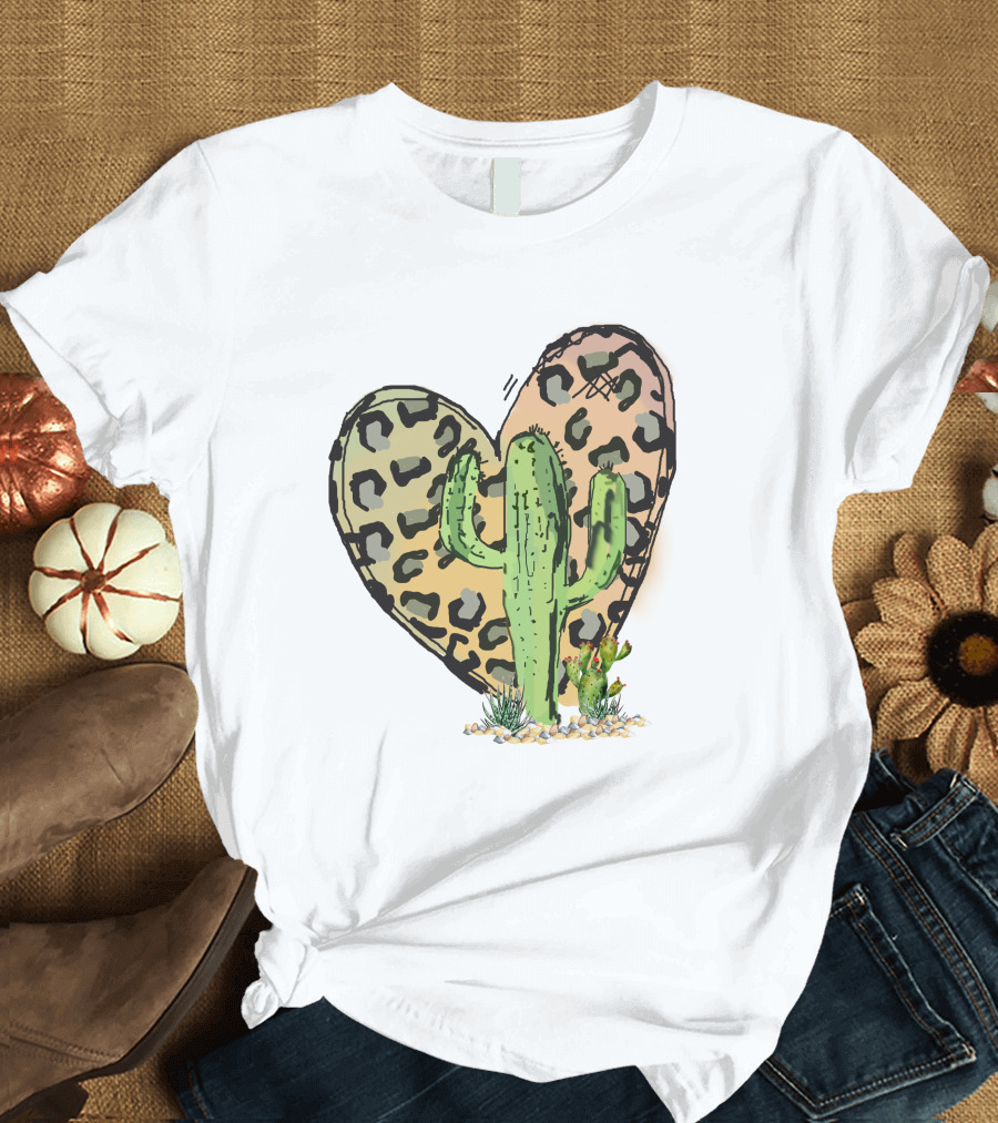 Leopard Print Heart with Green Cactus in Desert Scene T-Shirt