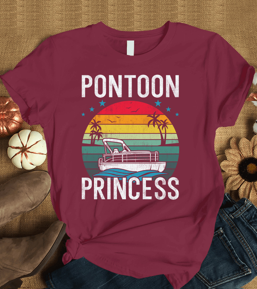 Pontoon Princess Captain Boat Pontooning Tropical Sunset Retro T-Shirt