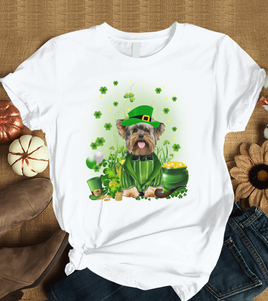 Yorkshire Terrier Saint Patrick's Day Celebration Leprechaun Outfit Shamrocks Pot of Gold T-Shirt