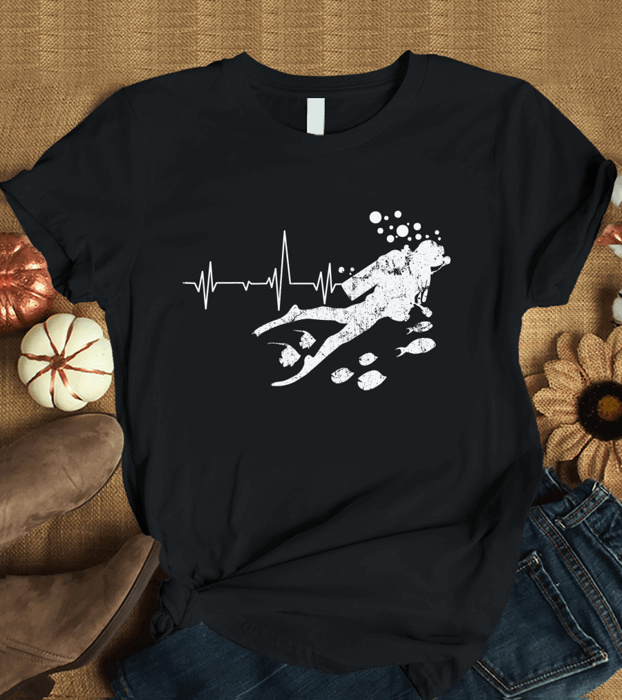 Scuba Diving Heartbeat Diver with Fish and Bubbles T-Shirt
