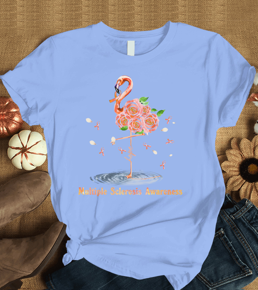 Multiple Sclerosis Awareness Flamingo Rose Hope Ribbon Floral T-Shirt