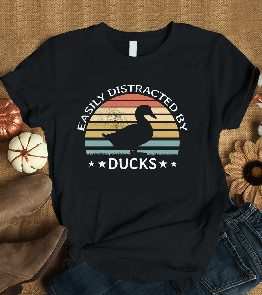 Easily Distracted By Ducks Vintage Funny Lover Silhouette Retro Stripes T-Shirt