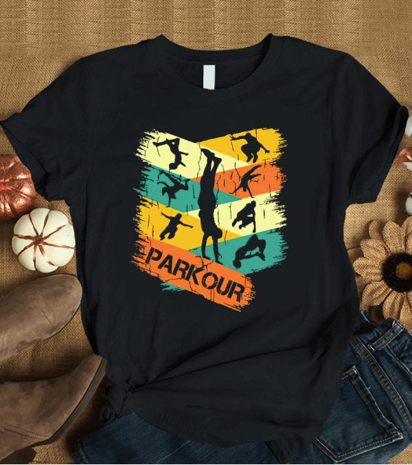 T-Shirt: Parkour Movement Silhouettes on Colorful Geometric Background T-Shirt Parkour Movement Silhouettes on Colorful Geometric Background T-Shirt