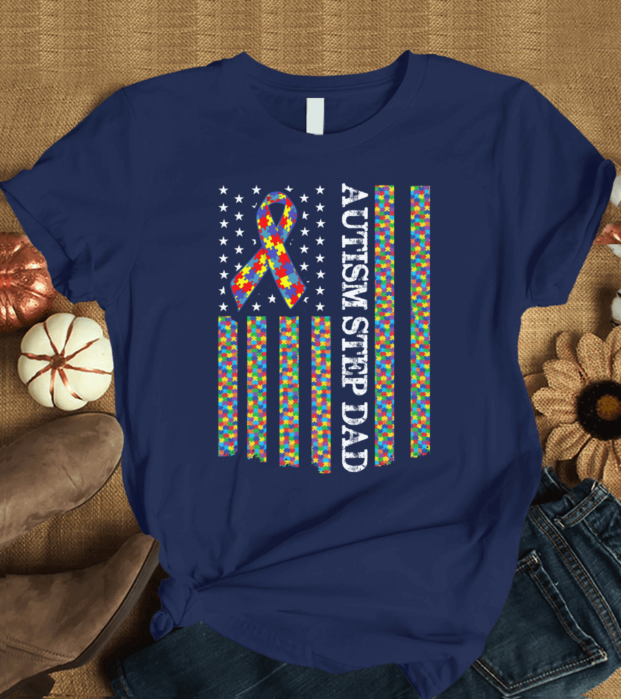 Autism Awareness Autism Step Dad Puzzle Ribbon US Flag T-Shirt