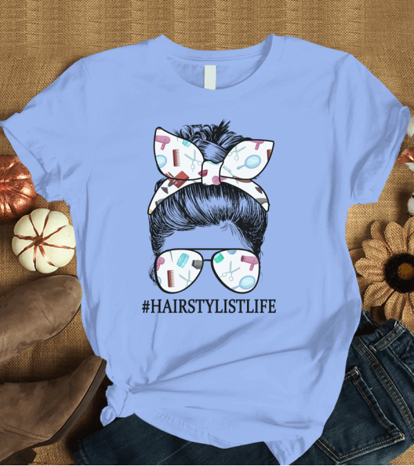 T-Shirt: HAIRSTYLISTLIFE Hair Tools Pattern Glasses and Bow T-Shirt HAIRSTYLISTLIFE Hair Tools Pattern Glasses and Bow T-Shirt