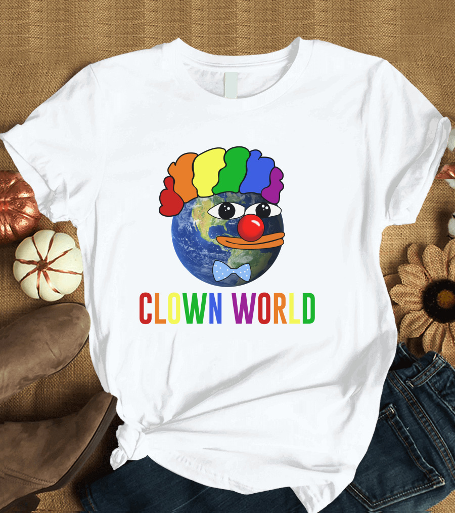 Clown World Honk Honk Meme Earth with Rainbow Wig and Red Nose T-Shirt