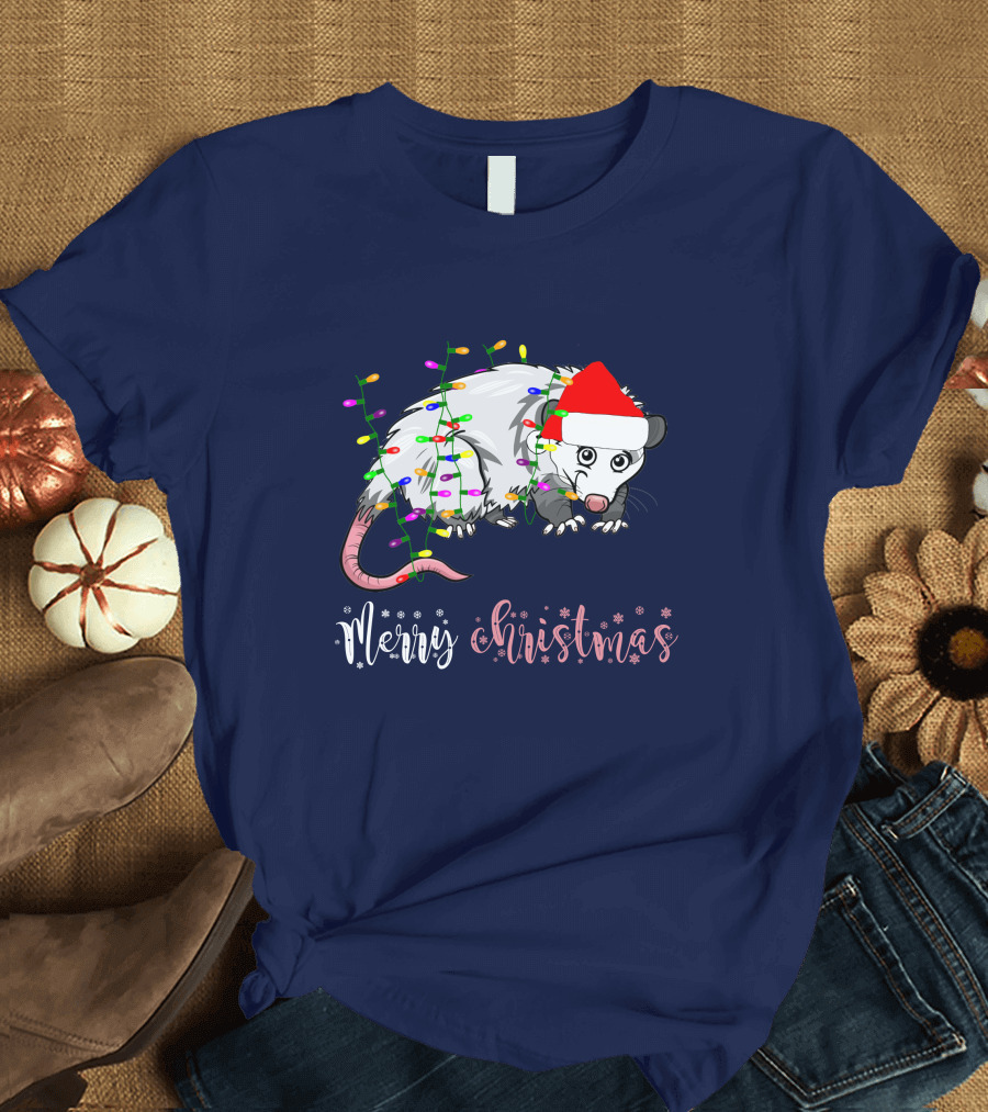 Merry Christmas Funny Opossum with Santa Hat and Lights for Opossum Lover T-Shirt