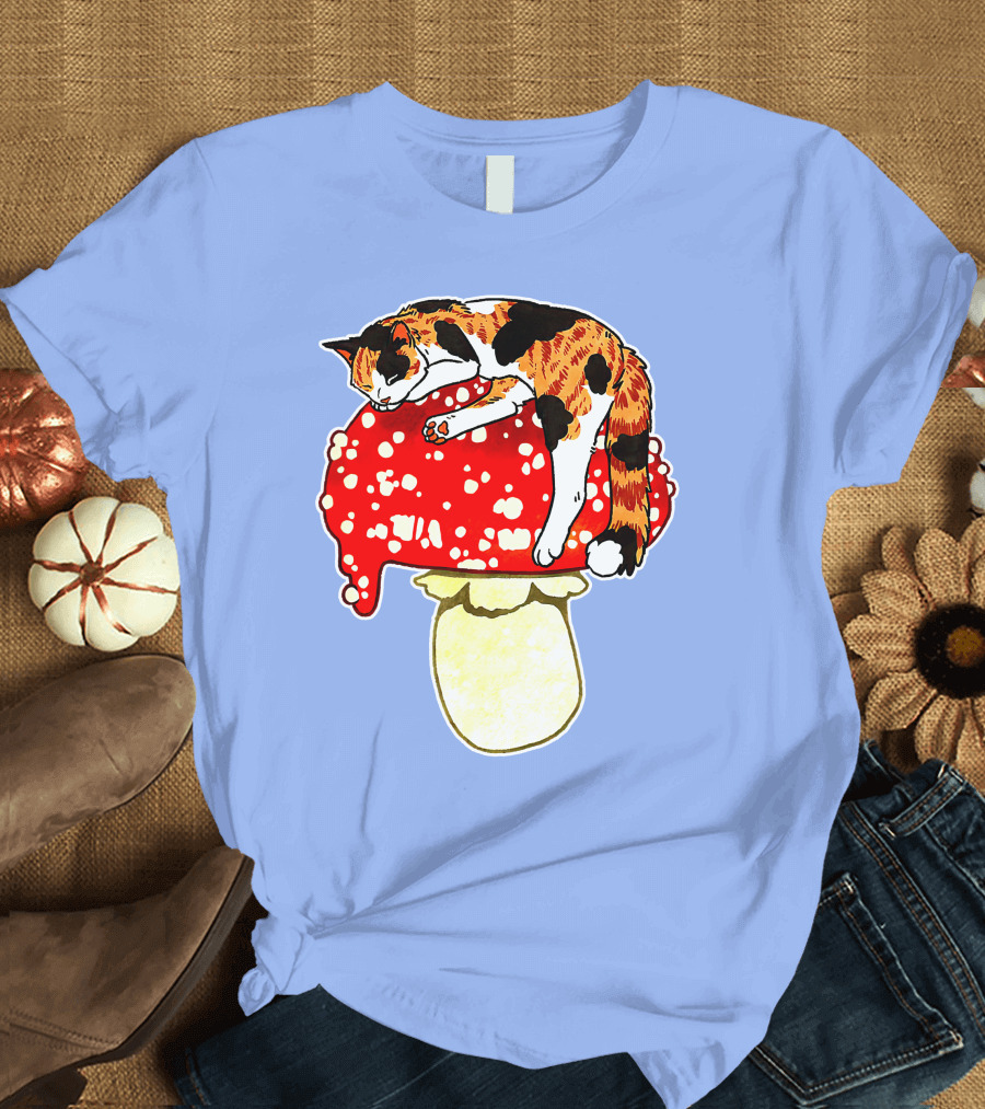 Cute Calico Cat Napping on Red Spotted Mushroom T-Shirt