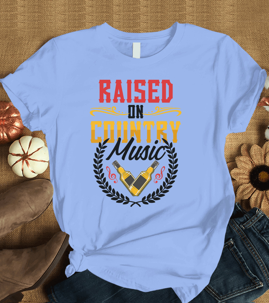 Raised On Country Music Bottles and Notes Honky Tonk Heartland USA T-Shirt
