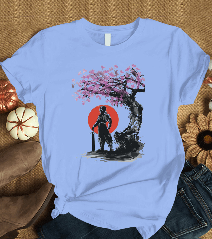 Trunks Hope Under The Sun Cherry Blossom Silhouette with Sword Red Circle Background T-Shirt