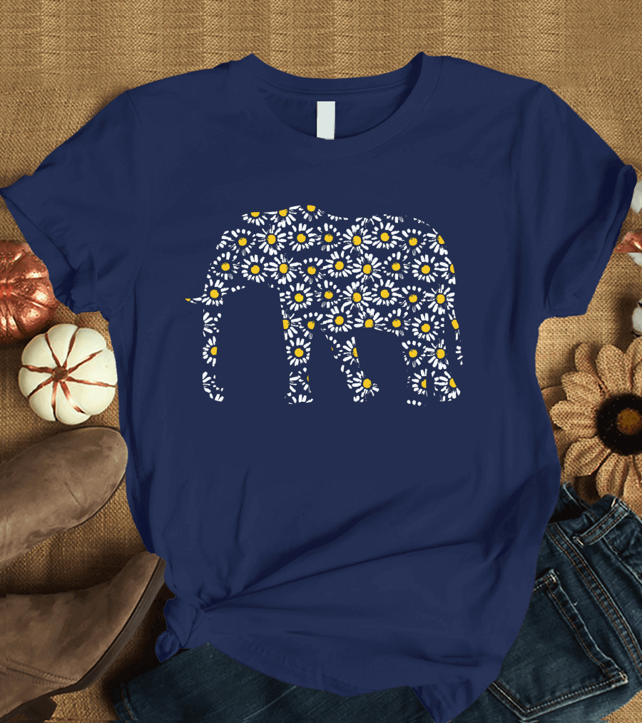 Elephant Lovers Daisy Flower Print T-Shirt