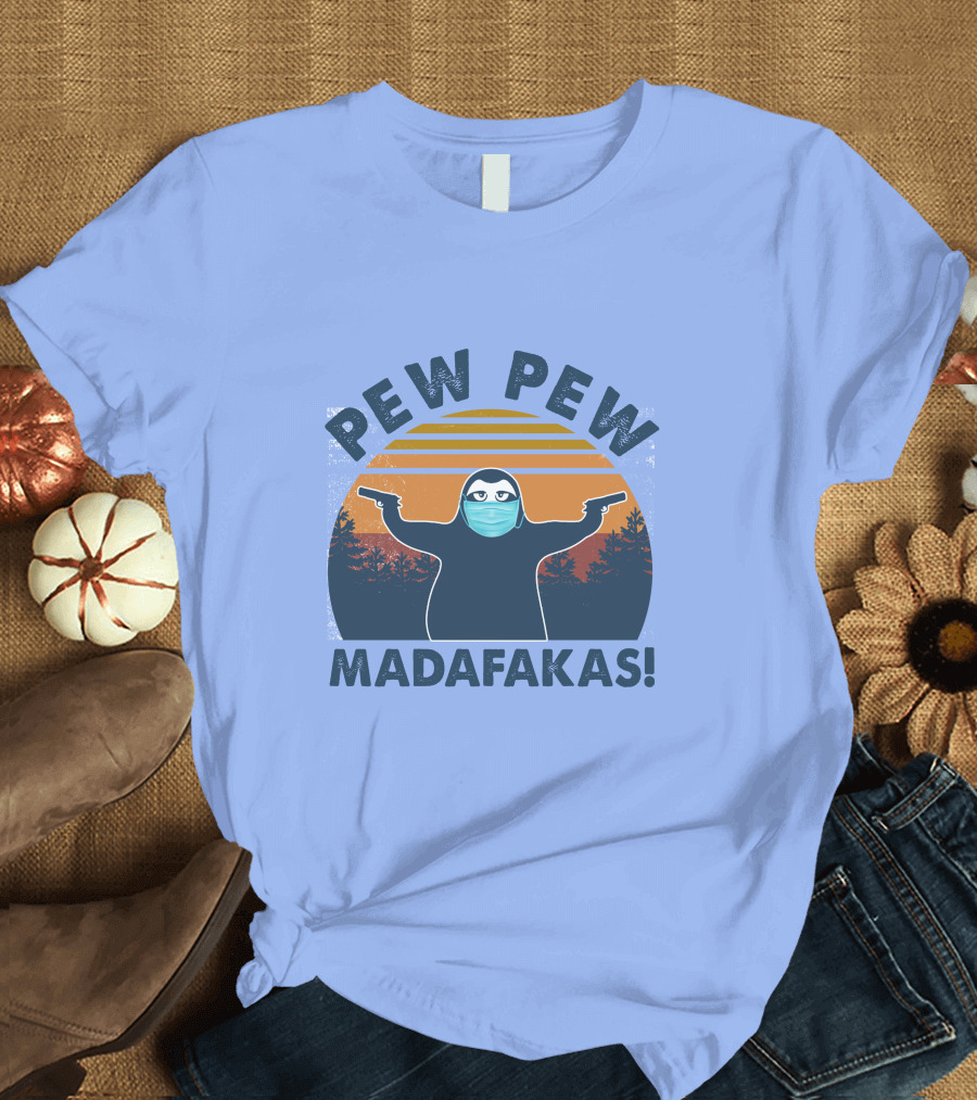 Pew Pew Madafakas Sloth Mask Forest Silhouette Sunset T-Shirt