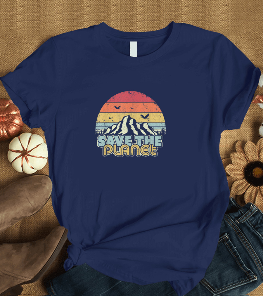 Save The Planet Vintage Sunset Mountain Climate Change T-Shirt