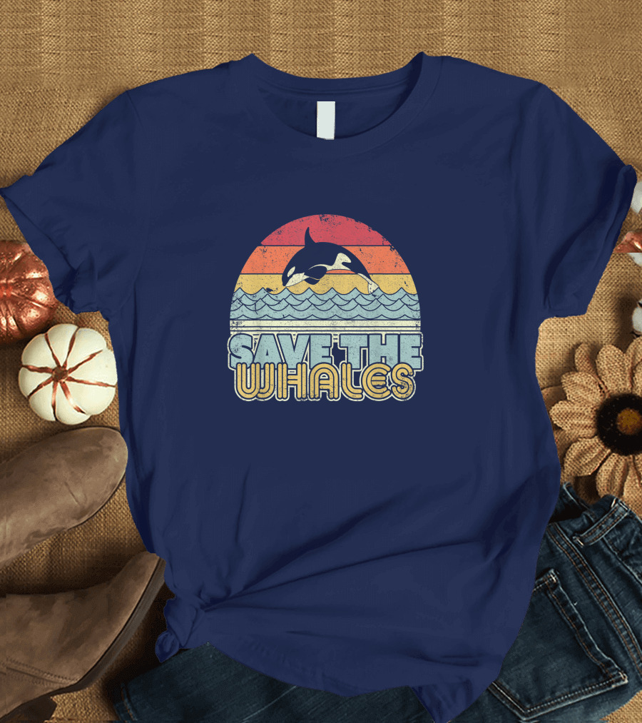 Save The Whales Retro Sunset Style Orca Killer Whale T-Shirt