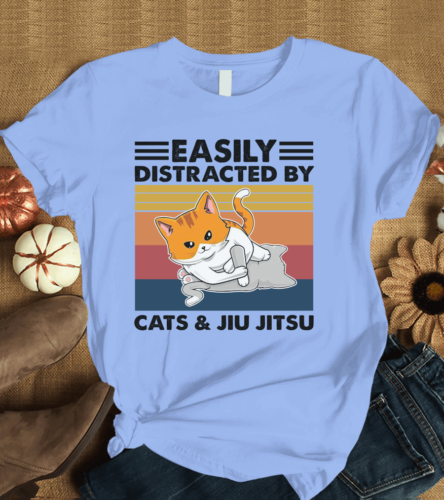 Easily Distracted By Cats And Jiu Jitsu Retro Cat T-Shirt