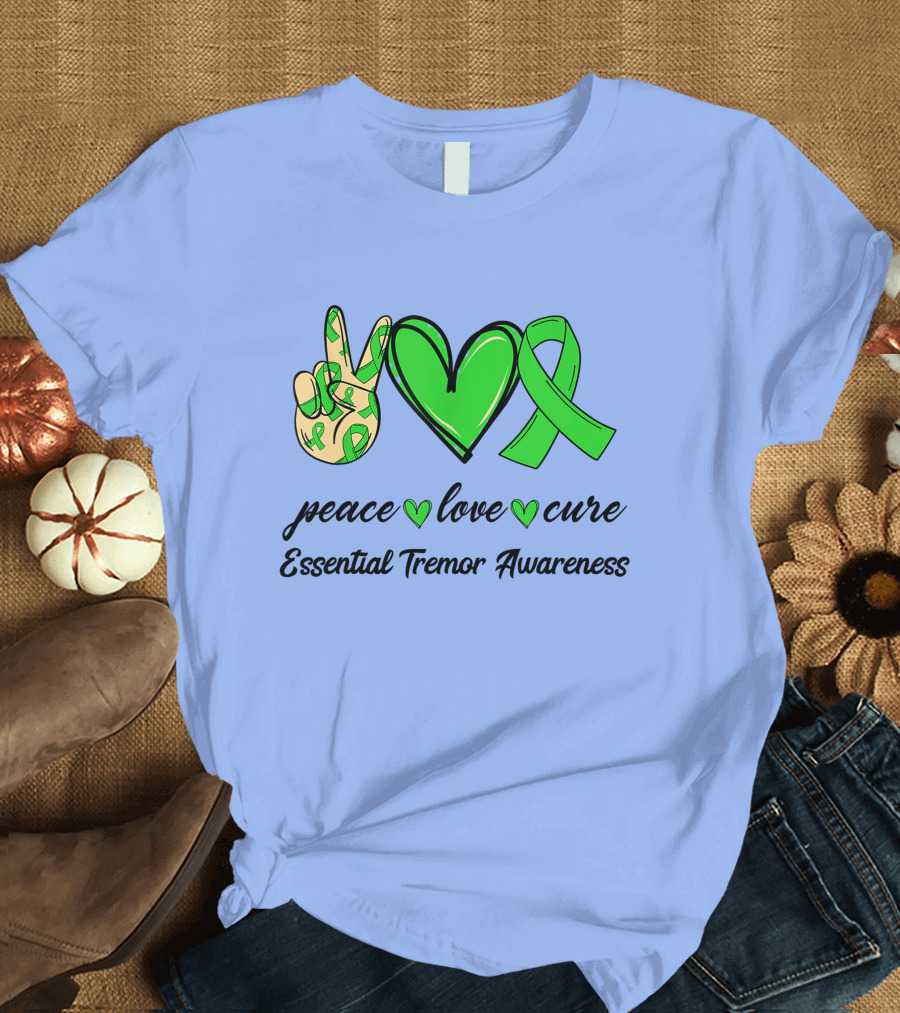 Peace Love Cure Green Ribbon Essential Tremor Awareness T-Shirt
