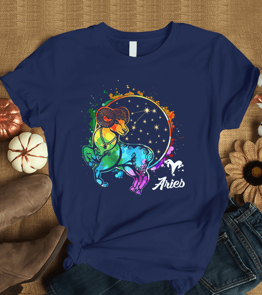 Aries Zodiac Ram with Colorful Constellation T-Shirt