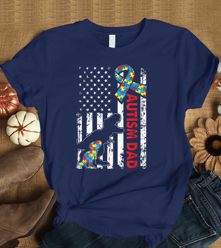 Distressed USA Flag Autism Dad Dinosaur Puzzle Ribbon Awareness T-Shirt