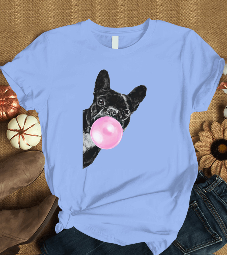 Sneaky French Bulldog Blowing Bubble Gum in Green Tint T-Shirt