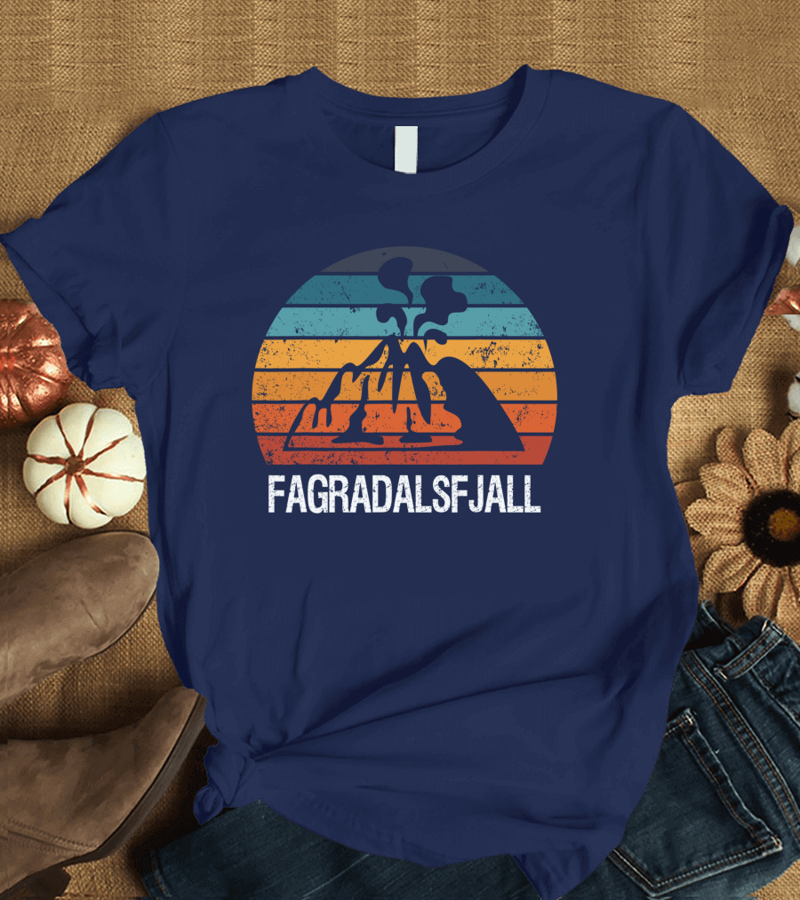 Fagradalsfjall Mountain Volcano Eruption Retro Sunset Stripes T-Shirt