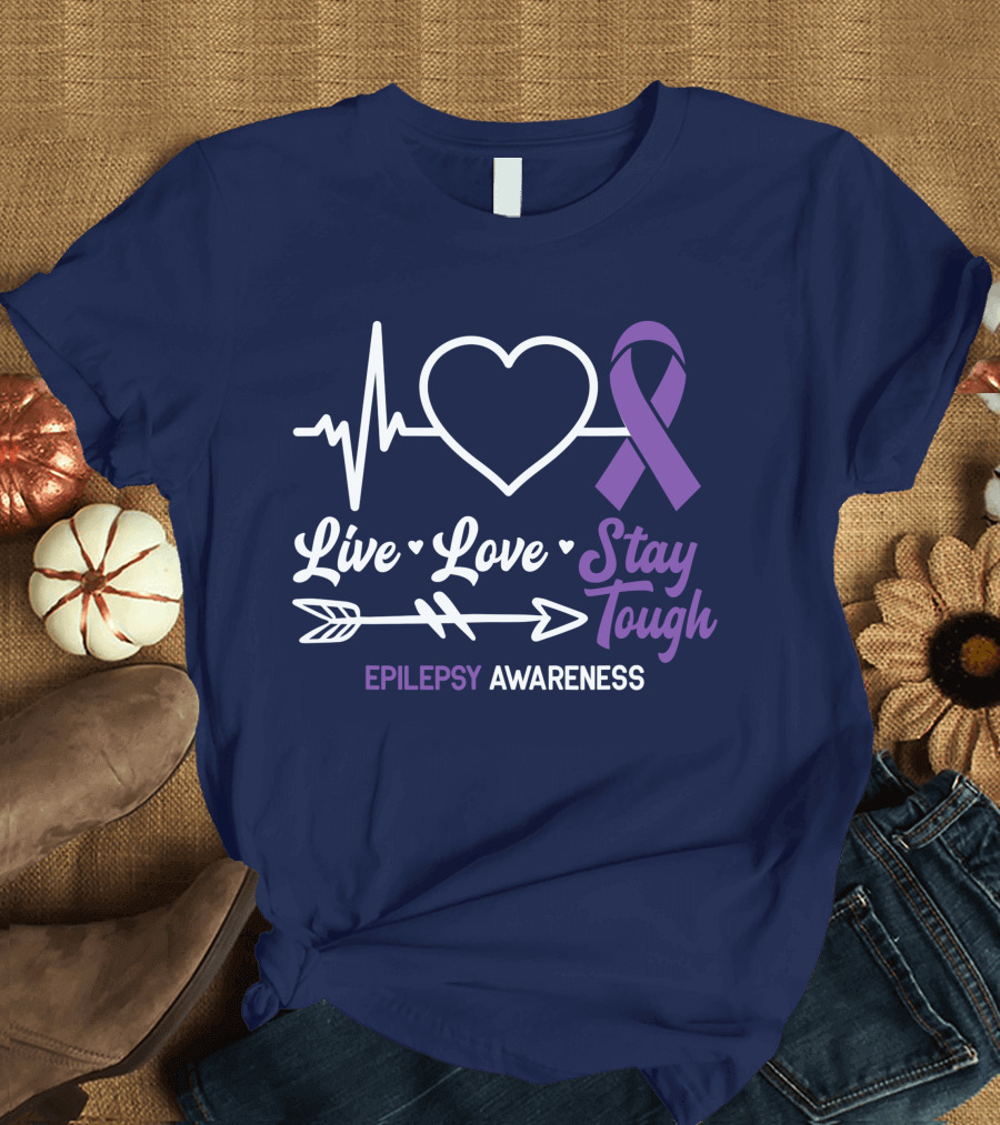 Live Love Stay Tough Epilepsy Awareness Purple Ribbon Heartbeat T-Shirt