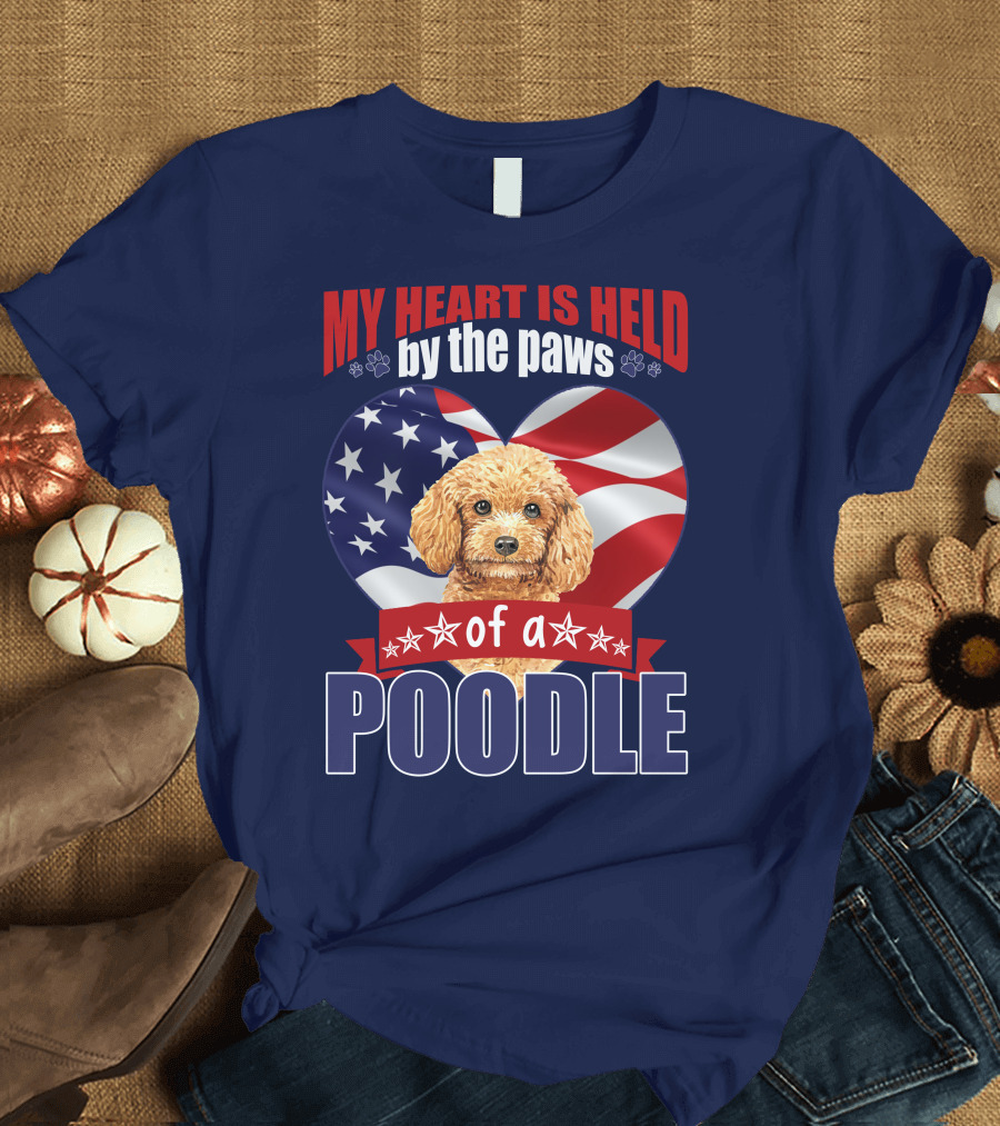 MY HEART IS HELD BY THE PAWS OF A POODLE AMERICAN FLAG HEART T-Shirt