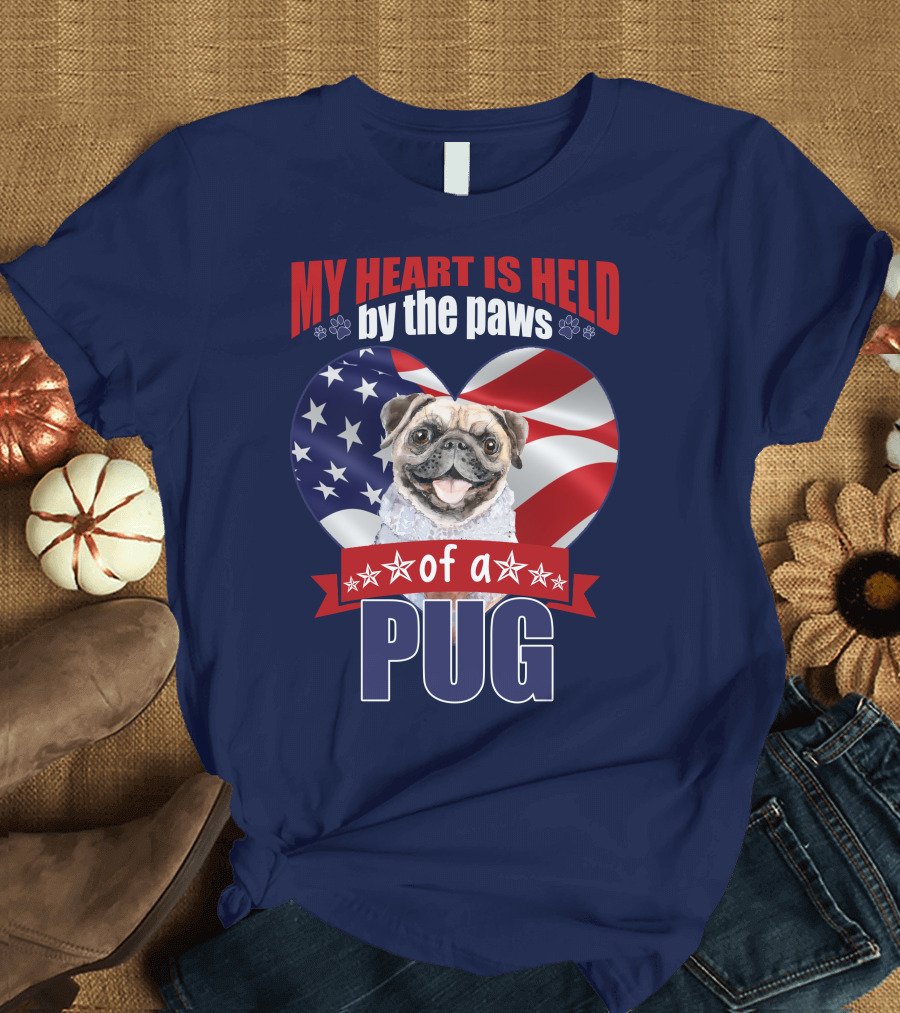 My Heart Is Held by the Paws of a Pug with American Flag Heart T-Shirt