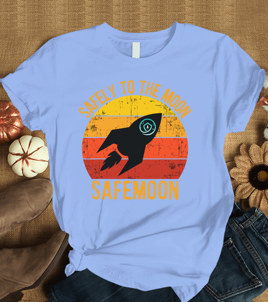 Safemoon Safely to the Moon Crypto Vintage Rocket Sunset Background T-Shirt