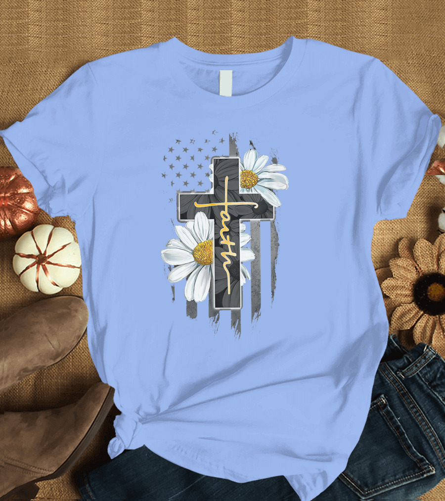 Faith Cross Daisy American Flag T-Shirt
