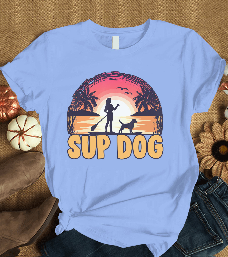 SUP Dog Paddleboard Sunset with Silhouette and Palm Trees T-Shirt