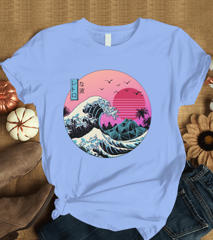 The Great Wave Retro Sunset with Palm Trees and Geometric Shapes in Japanese T-Shirt