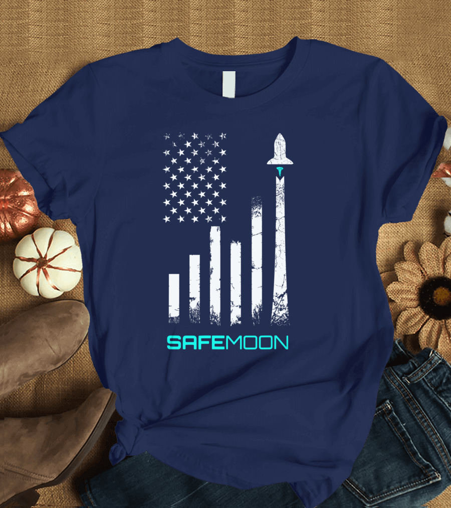 Safemoon Crypto Coin Cryptocurrency To The Moon Blockchain American Flag Rocket Launch T-Shirt