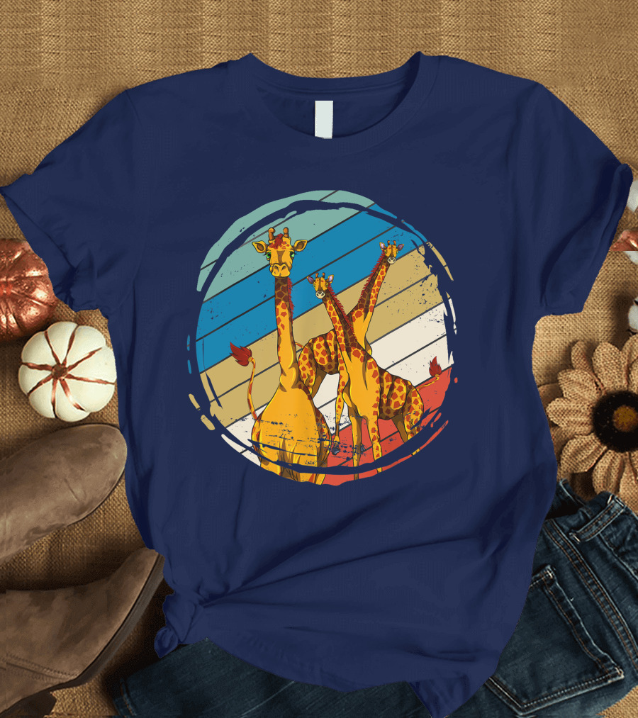 Retro Giraffe Trio with Vintage Sunset Stripes T-Shirt