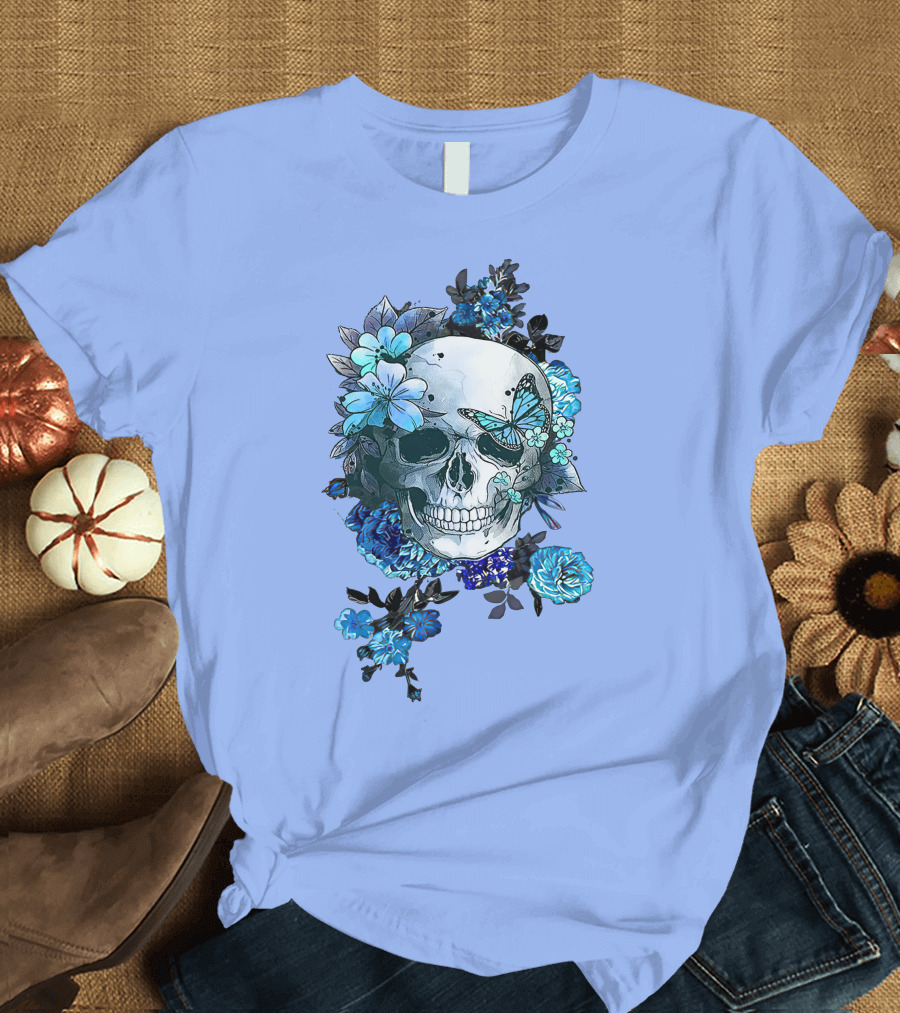 Blue Skull Butterfly with Flowers T-Shirt