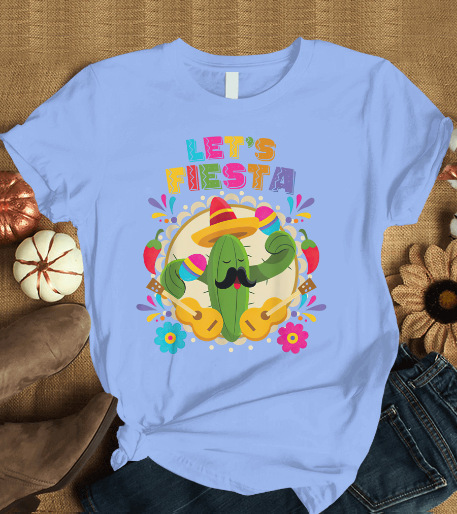Let's Fiesta Cinco De Mayo Cactus with Sombrero and Guitars T-Shirt