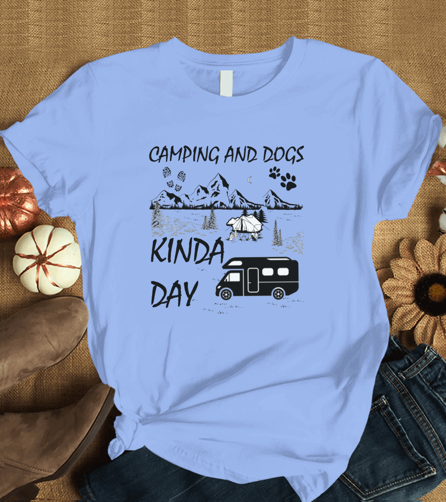Camping and Dogs Kinda Day Mountain Adventure with RV and Paw Prints T-Shirt