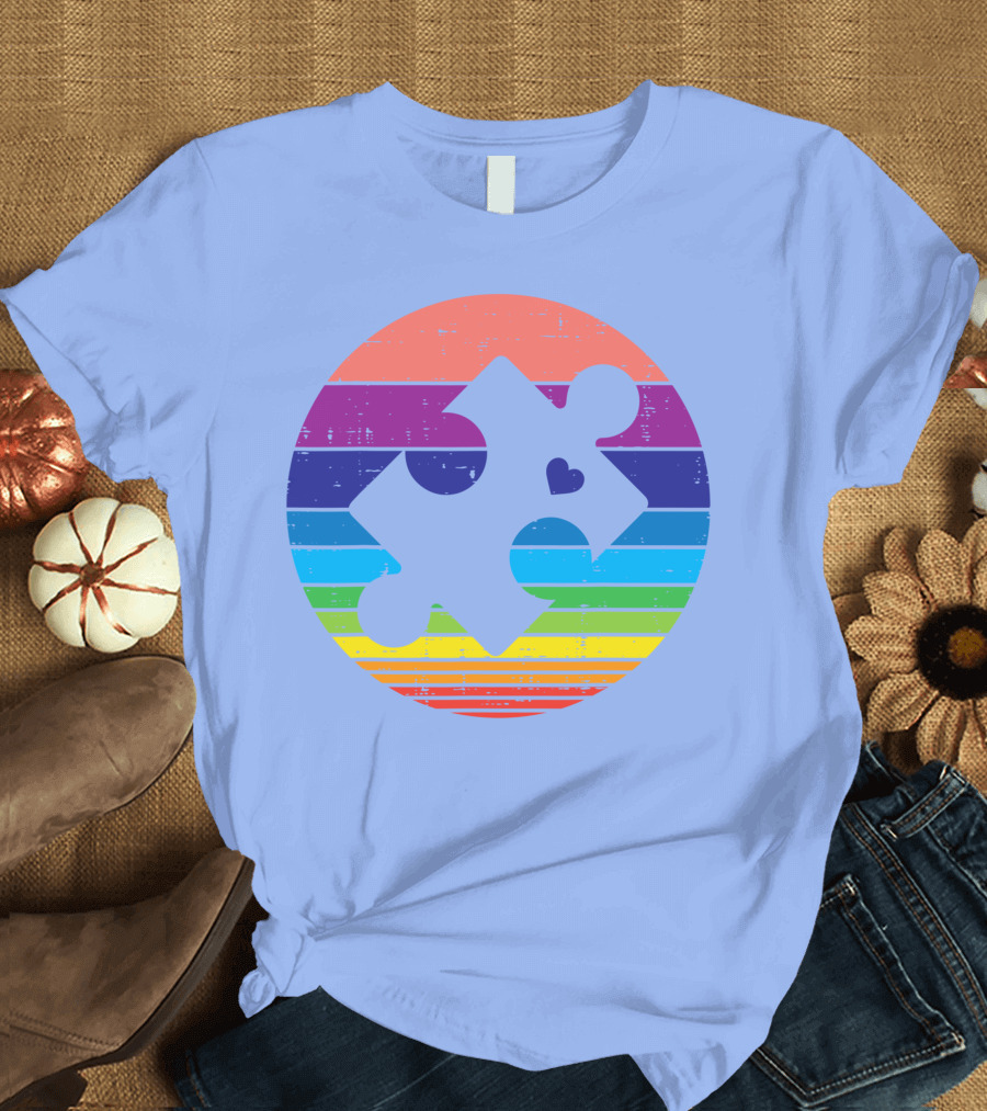 Retro Rainbow Striped Puzzle Heart Autism Awareness T-Shirt
