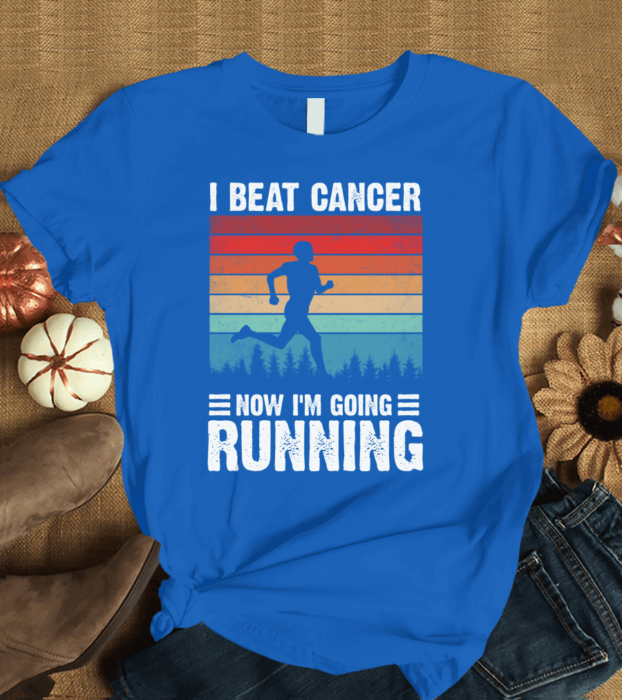 I Beat Cancer Now I'm Going Running Silhouette Forest Sunset Stripes T-Shirt