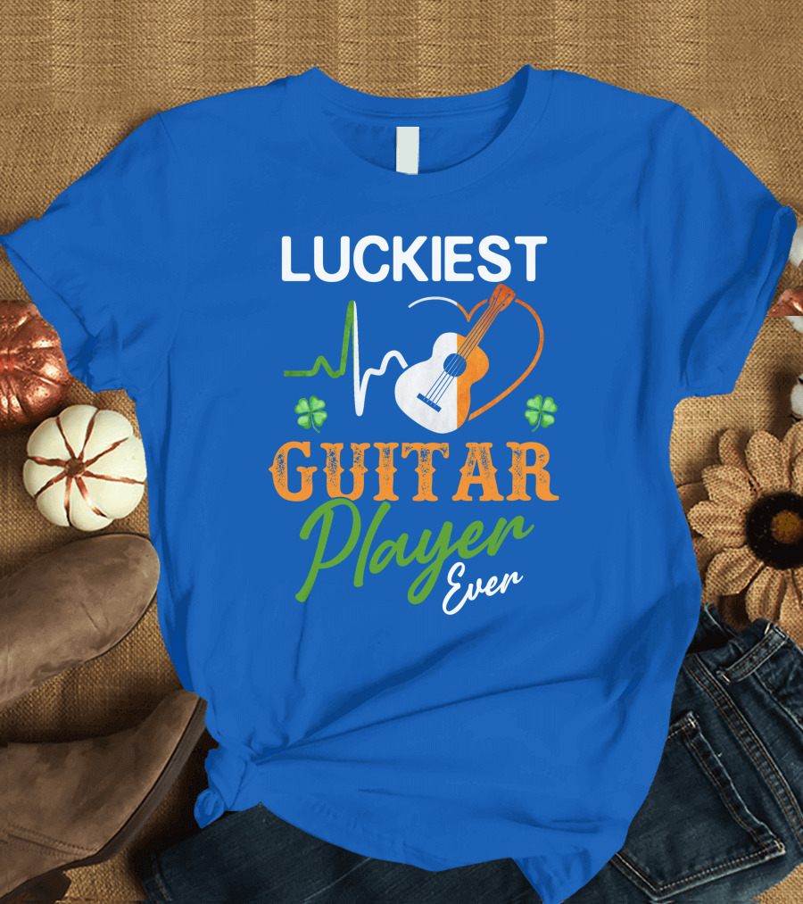 Luckiest Guitar Player Ever Irish Heartbeat with Shamrocks T-Shirt