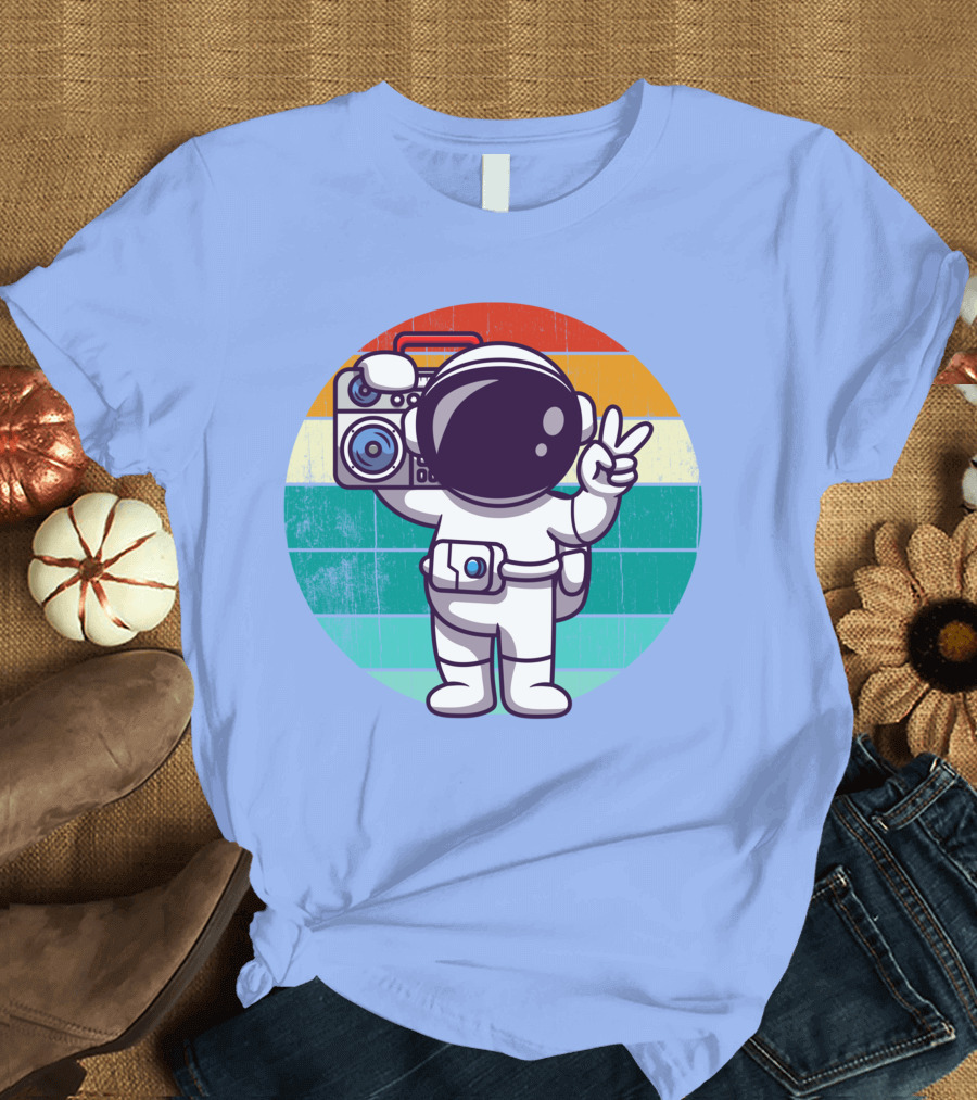 Cute Astronaut Peace Sign Boombox Cartoon Retro Rainbow T-Shirt