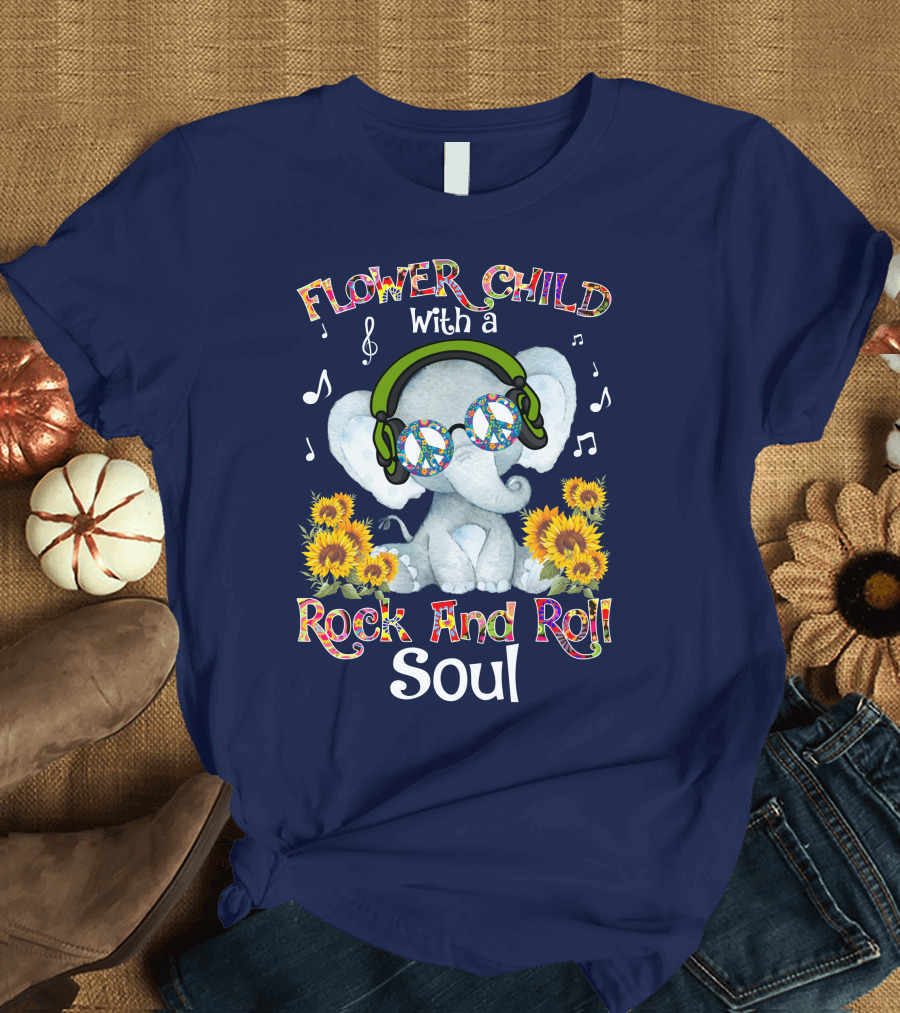 Flower Child Rock and Roll Soul Elephant with Headphones and Sunflowers T-Shirt