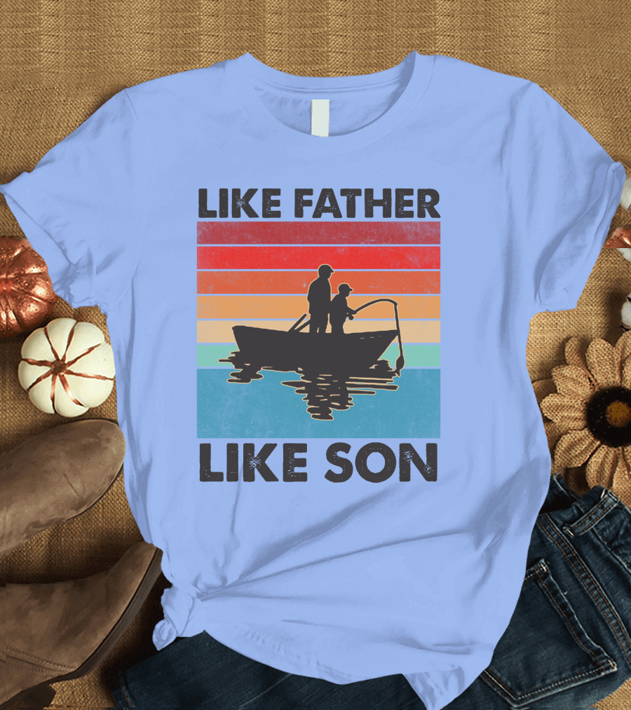 Like Father Like Son Fishing Boat Silhouette Retro Stripes T-Shirt