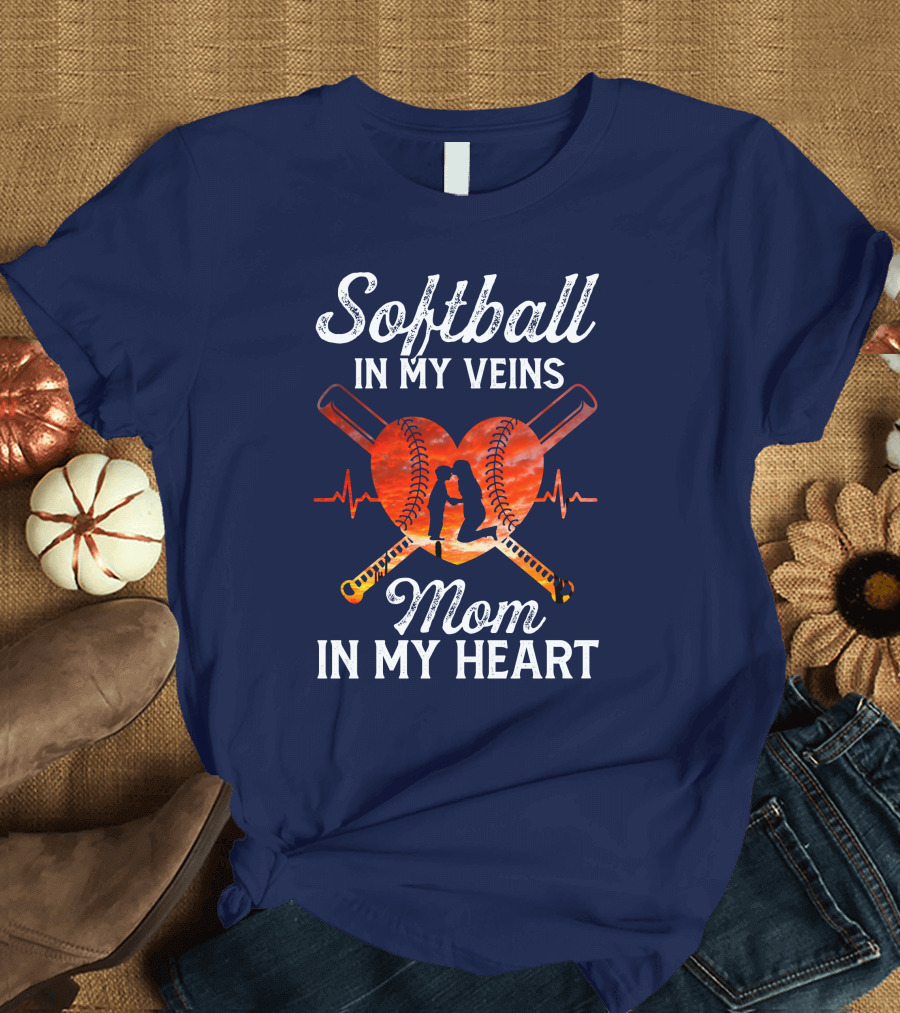 Softball In My Veins Mom In My Heart Silhouette and Bats Heartbeat Graphics T-Shirt