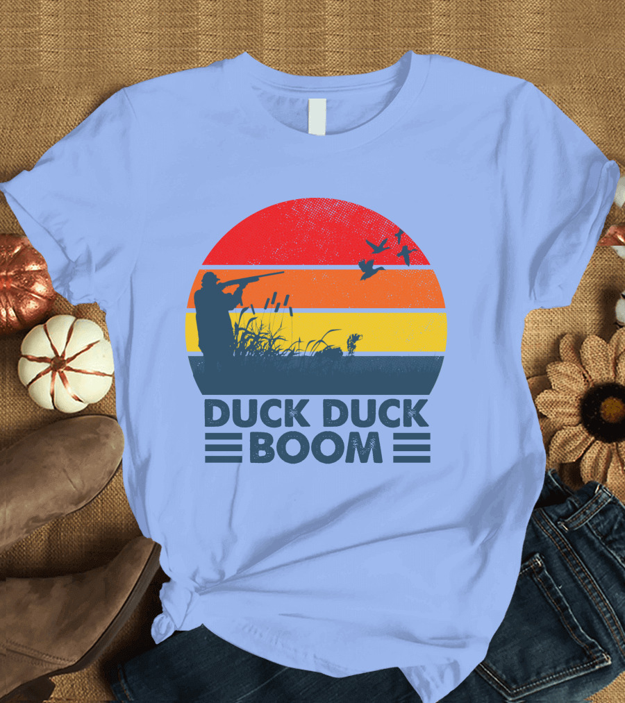 Duck Duck Boom Retro Hunting Silhouette with Bold Sunset Stripes T-Shirt