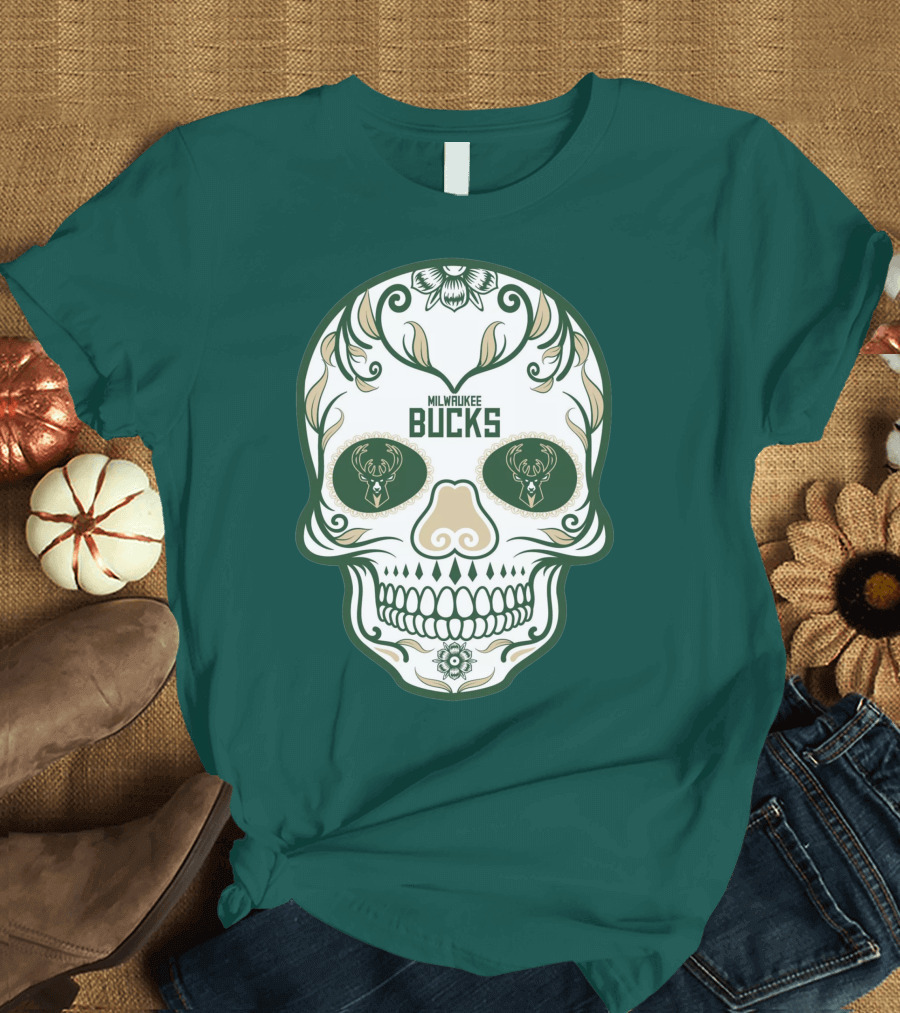 Milwaukee Bucks Skull Deer Logo Floral T-Shirt